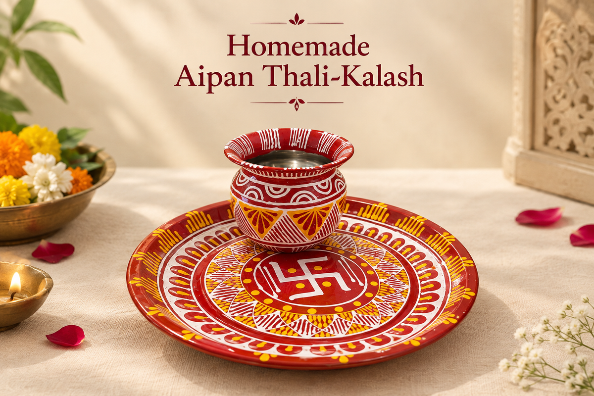 Homemade Aipan Thali-Kalash Set for Diwali